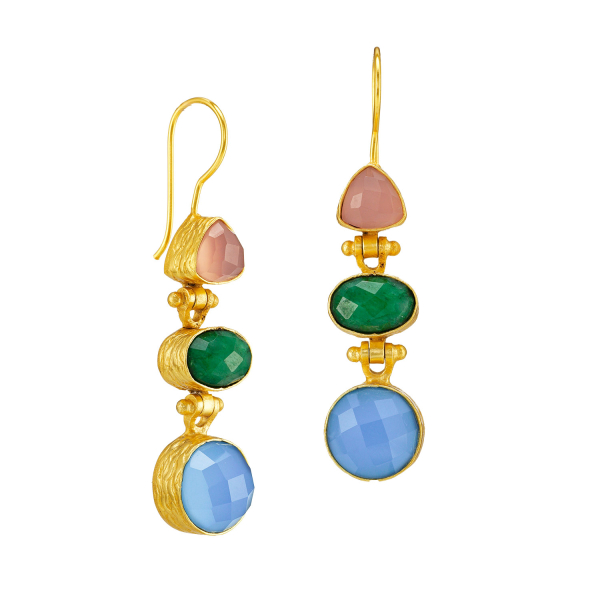 Earring made from brass, goldplated, Rosequarz/Emerald/blue chalcedony